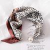 Women Silk Scarf Striped Leopard Dot Print Silk Scarf Necklace with Faux Pearl Magnetic Buttons Formal Wear Accessories