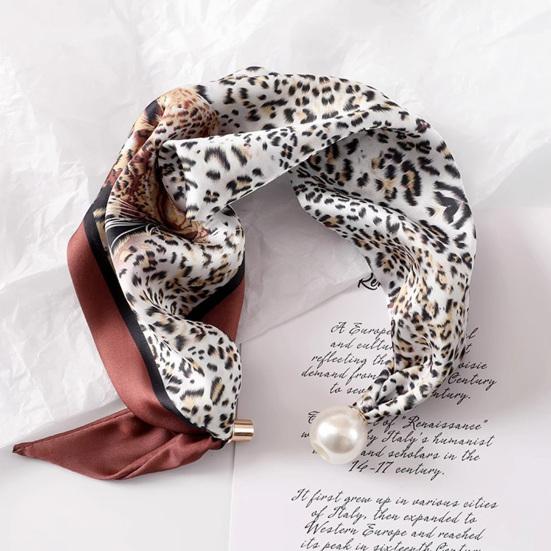 Women Silk Scarf Striped Leopard Dot Print Silk Scarf Necklace with Faux Pearl Magnetic Buttons Formal Wear Accessories
