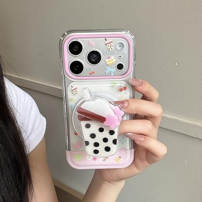 Korean Cake Dessert Bubble Tea Magnetic Phone Case For iPhone 17 Pro 16 15 Pro Max Cover with Stand Holder For Magsafe Cute Capa