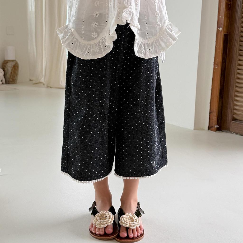 New Girls' Plaid & Polka Dot Three-Quarter Wide-Leg Pants (S/M/L) - Black