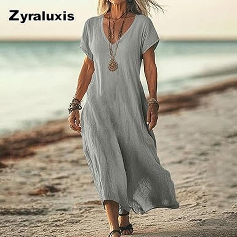 Oversized Solid Color V-Neck Cotton Linen Women's Dress for Women's Clothing