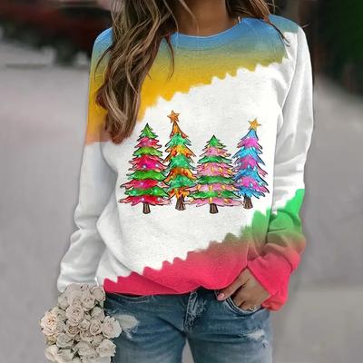 Mode Damen Locker Lässig Oberteile T-Shirts Rundhals Elegant 3D Weihnachtsbaum Muster Gedruckt Lange Ärmel Herbst & Winter
