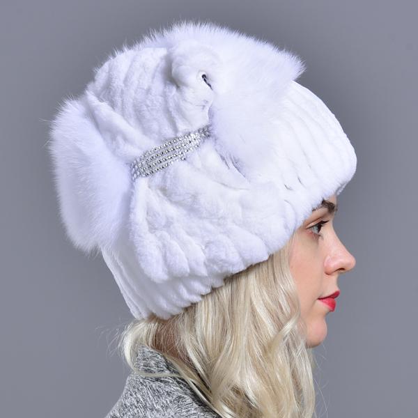 Natural Rabbit Fur Hat Winter Warm Hats for Women Thick Diamond Fashionable Stylish Girls Outdoor Hat Accessory White Snow Caps