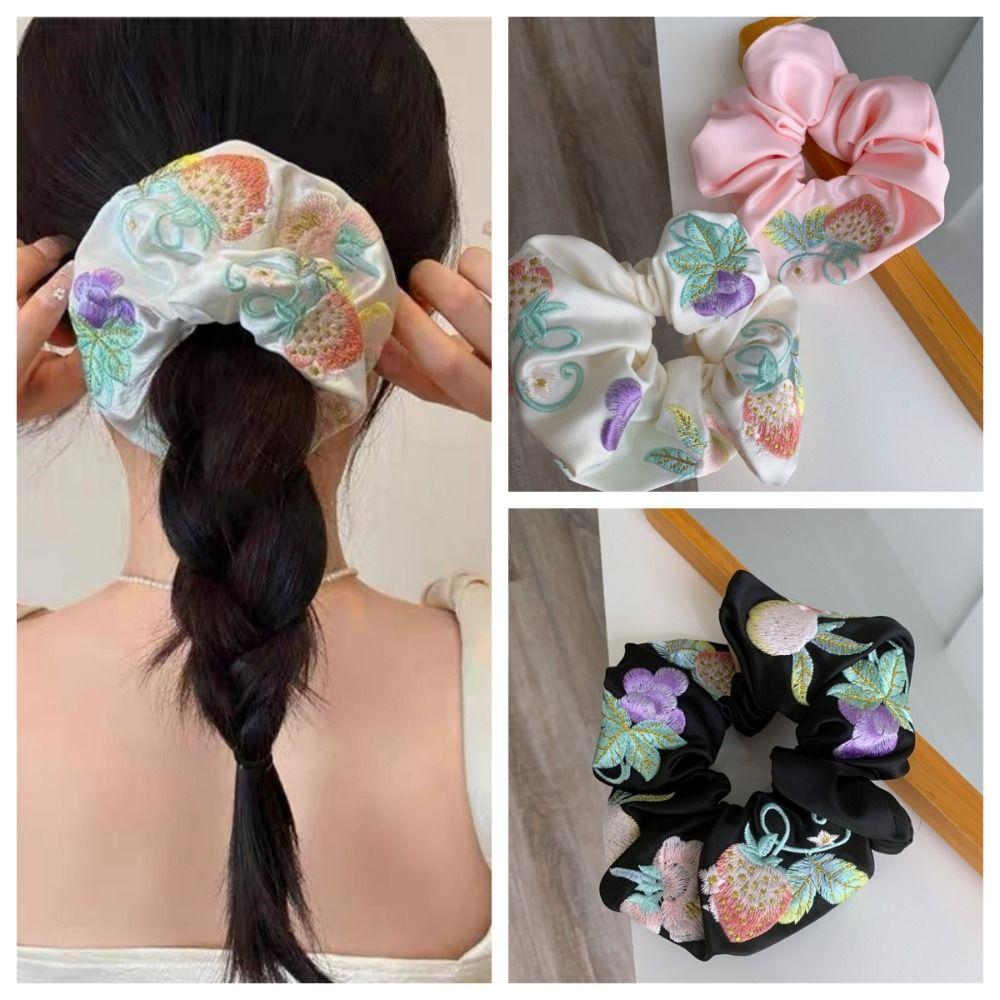 

Satin Texture Wide Headbands Embroidered Strawberry Grape Elastic Hairstring Women Girl рожевий