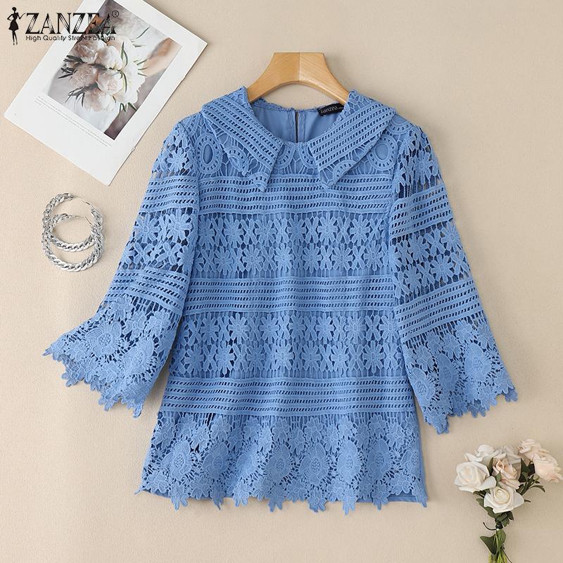 ZANZEA Womens Summer Casual 3/4 Sleeve Patchwork Embroidered Lace Blouse