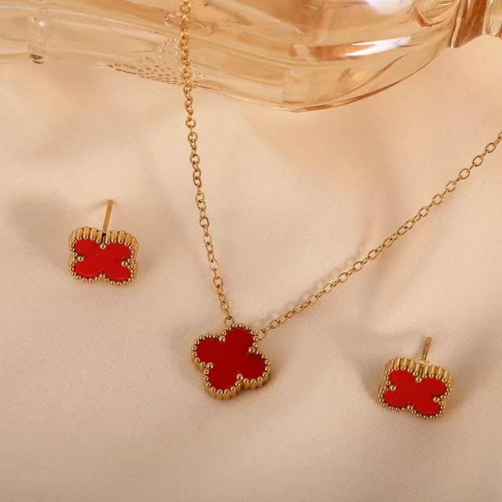 2 sztuki tytanowa stal nierdzewna dwustronny zestaw naszyjnik kolczyki koniczyna