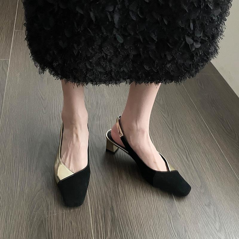 Sandalias Baotou de Bloque de Color Retro de Moda Verano Nuevo Punta Cuadrada Boca Baja Una Tira Espalda Vacía Antideslizantes Tacones Altos