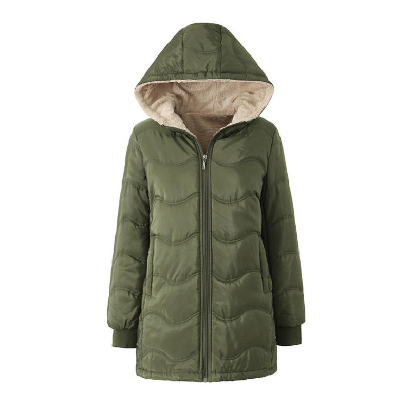 2026 Herbst Winter Damen Wellenmuster Kapuzenmantel Mittellang, Mit Kunstlammfell gefütterte lockere Thermojacke, Warmer Parka aus Plüschfleece für kaltes Wetter