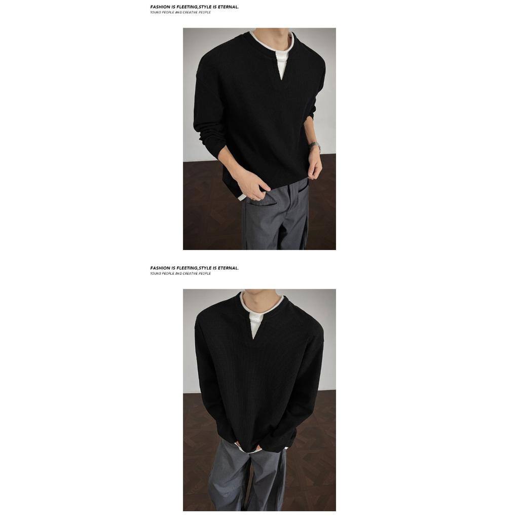 Fake Two Long Sleeved T-shirts, Men's Spring and Autumn Trend, Waffle Style Loose Fit, Bottom Layer, Simple Casual Top