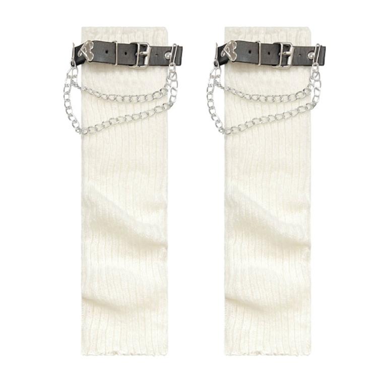 Stylish Ribbed Knitted Leg Warmers for Women Gothic Punk Boot Covers Socks with Heart Chain Leather Belt for Festivals