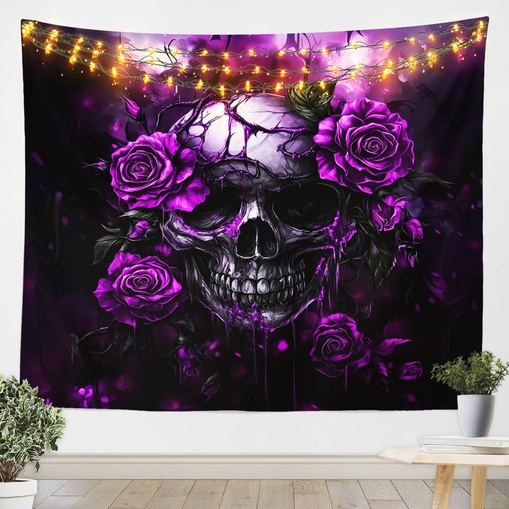 Sugar Skull tapestry For Kids Adults Room Decor,Purple Rose Flowers Tapestries Goth Skull Tapestry Wall Hanging Skeleton Bones