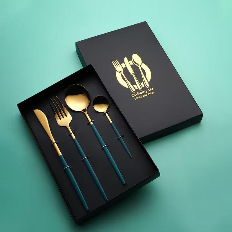 tableware 410 stainless steel, knife, table fork, table spoon, kitchen utensils, Portuguese-style, green and gold 4-piece set