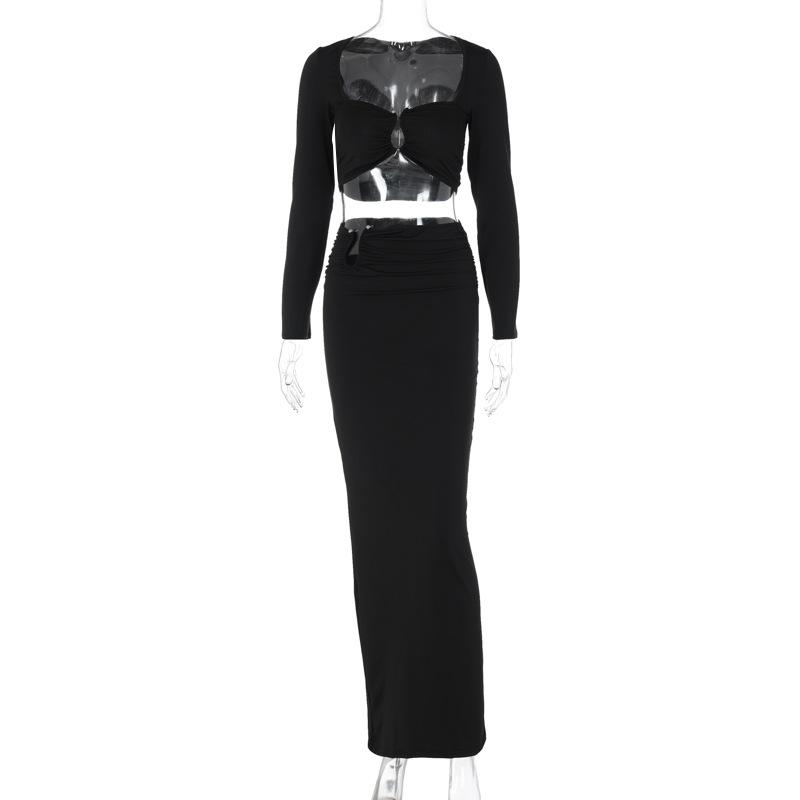 Solid Metal Buckle Two Piece Set Party Dress Women Sexy Ruched Strapless Long Sleeve Crop Top High Waist Bodycon Maxi Skirts