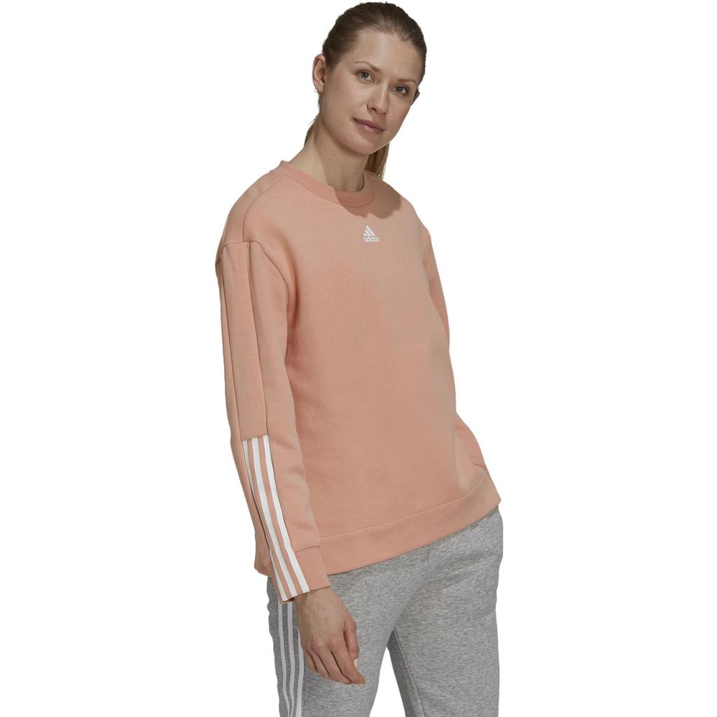 Adidas Striped Logo Print Crew Neck Pullover Sweater Women Sweater Pink GS1374