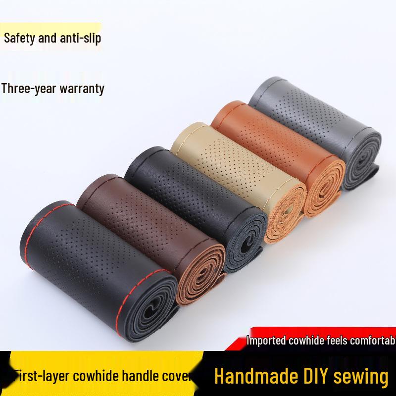 Genuine Leather Perforated Steering Wheel Cover - Hand-Sewn, Universal Fit, All-Season Cowhide