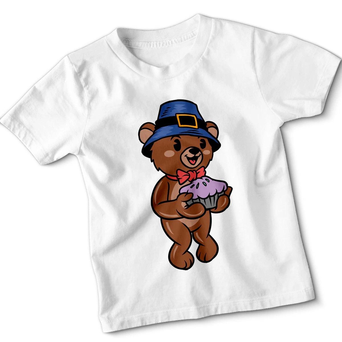 Thanksgiving Bear Cupcake Kids T-shirt Fun Holiday Tee L