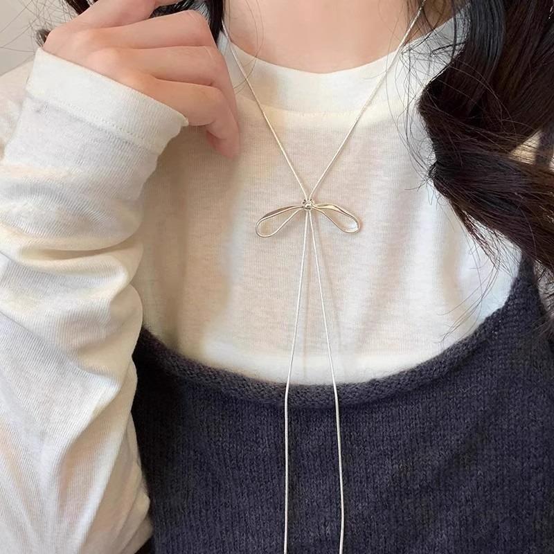 2026 Korean Bowknot Drawstring Necklace for Women Girls Fashion Metal Sliver Long Adjustable Necklace Jewelry Accessories Gift