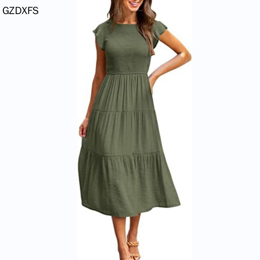 Damen-Fly-Sleeve-Fly-Sleeve-Plissee-Lagen-Kurzarmkleid mit großem Schwung