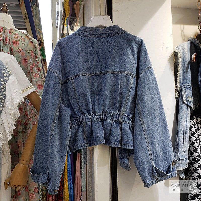 Women's Spring/Fall Beaded Denim Jacket - Korean Loose Fit, Waist-Cinched Style