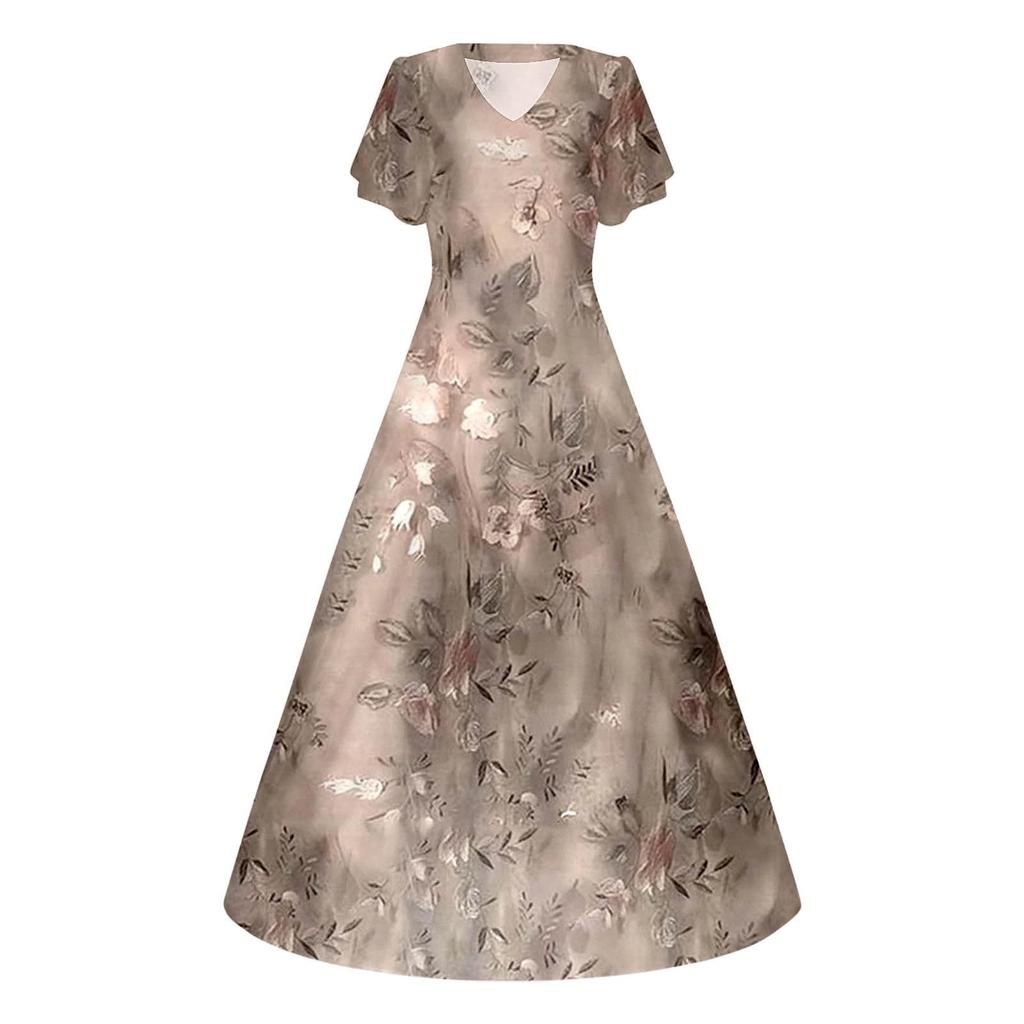 Women Short Sleeve Chiffon Maxi Dress Floral Print V Neck Lightweight Casual Loose Fit Summer Long Dress