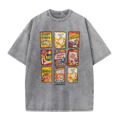 Camisetas de Algodão Lavado Femininas Moda Gola O Tops Desgastados Retro Divertidos Estampas de Lanches Manga Curta Verão Rua Roupas Femininas