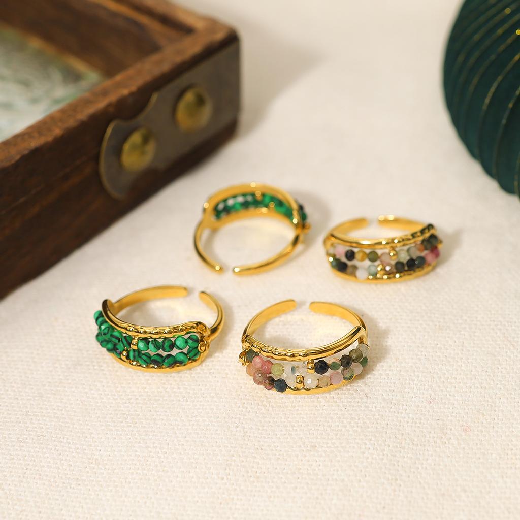 WILD & FREE Luxury Natural Stone Beads Stainless Steel Open Rings for Women Vintage Charm Elegant Chic Waterproof Jewelry Gift