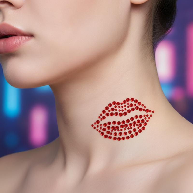 1 Sheet Sexy Realistic Lip Body Jewelry Sticker Kiss Red Lips Face Rhinestones Valentine'S Day Gem Temporary Tattoo Stickers