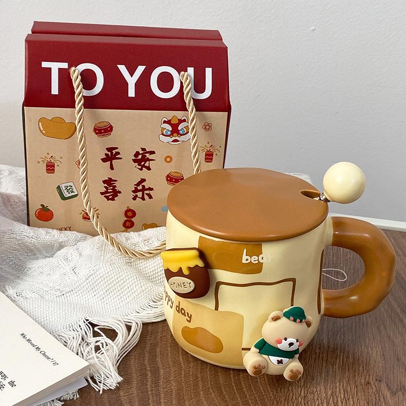 Creative magnetic bear mug cute ceramic mug with lid spoon Korean coffee cup large capacity drinking cup
