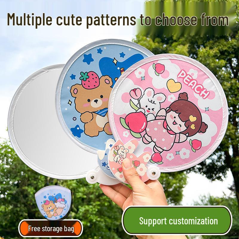 Reflective Mini Folding Fan: Portable Cartoon Design with Cloth Surface for Students and Outdoor Use.