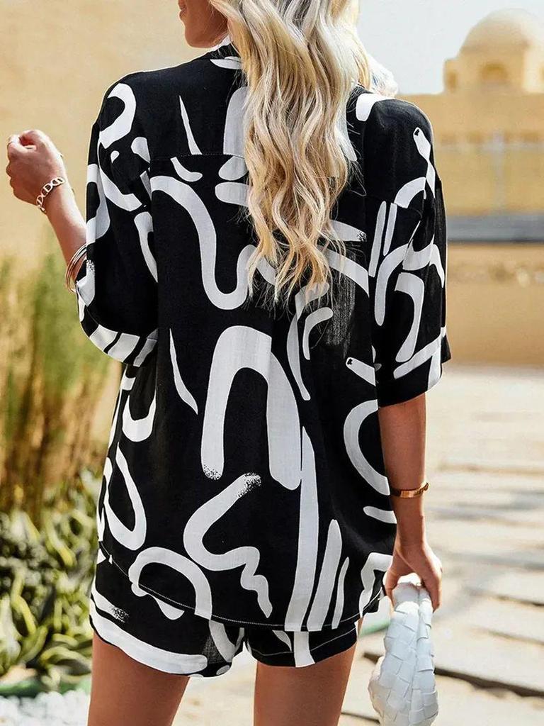 Black & White Geometric Two-Piece Set: Loose Short-Sleeve Shirt & Drawstring Shorts