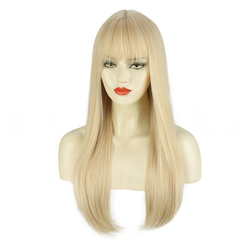Synthetic Hair Blonde Wigs with Bangs Long Silky Straight Wig for Women Cosplay Wig Party Heat Resistant Daily Costume