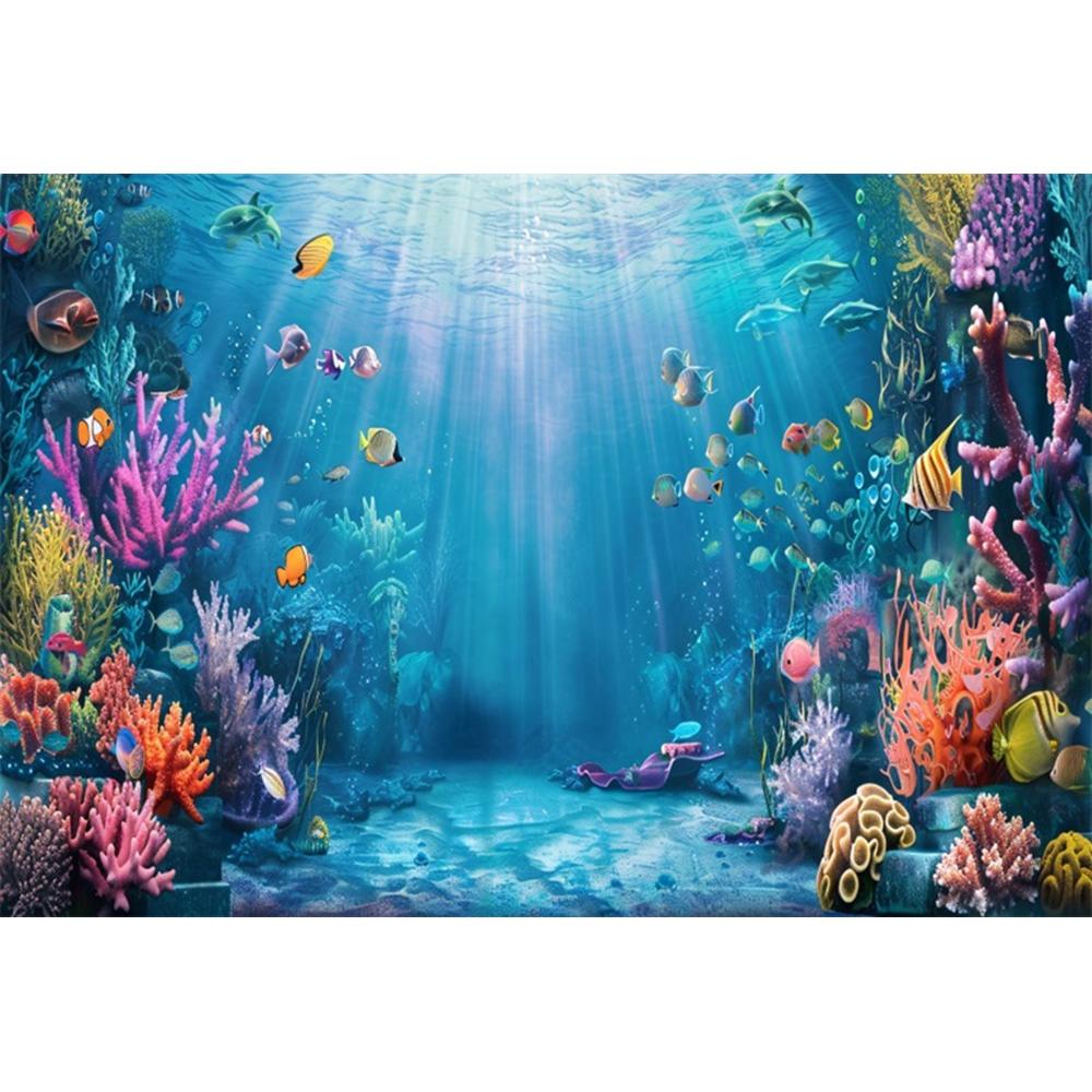 Blue Underwater World Photography Background Ocean Undersea Coral Castle Shells Kid Birthday Party Decor Portrait Photo Backdrop