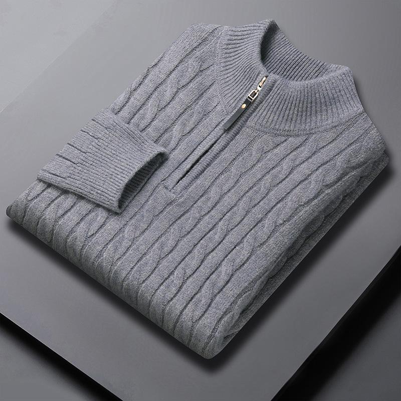 Men s Solid Color Cable Knit Half-High Collar Zipper Pullover Sweater XL