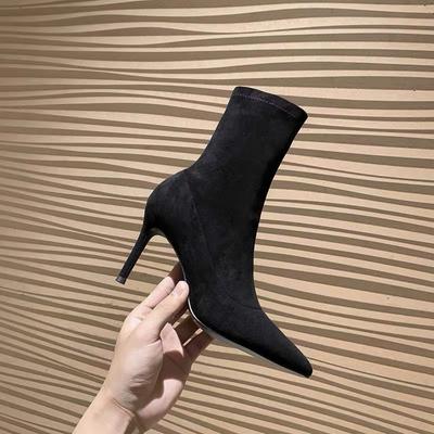 2025 New Royal Sister Style High-heeled Women's Shoes Pointed Thin Heels Short Boots Black Elastic Thin Socks Boots Martin Boots Sexy