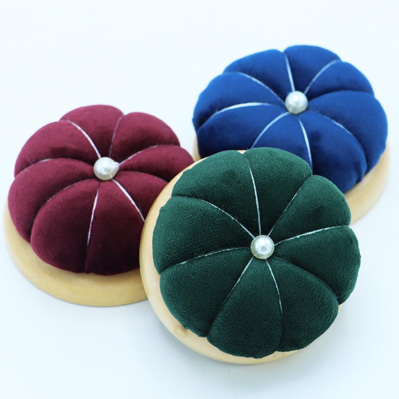 1Pc Wooden Solid Color Pumpkin Shape Pincushions Needle Cushion+100pcs Pearl Head Needle DIY Sewing Crafts