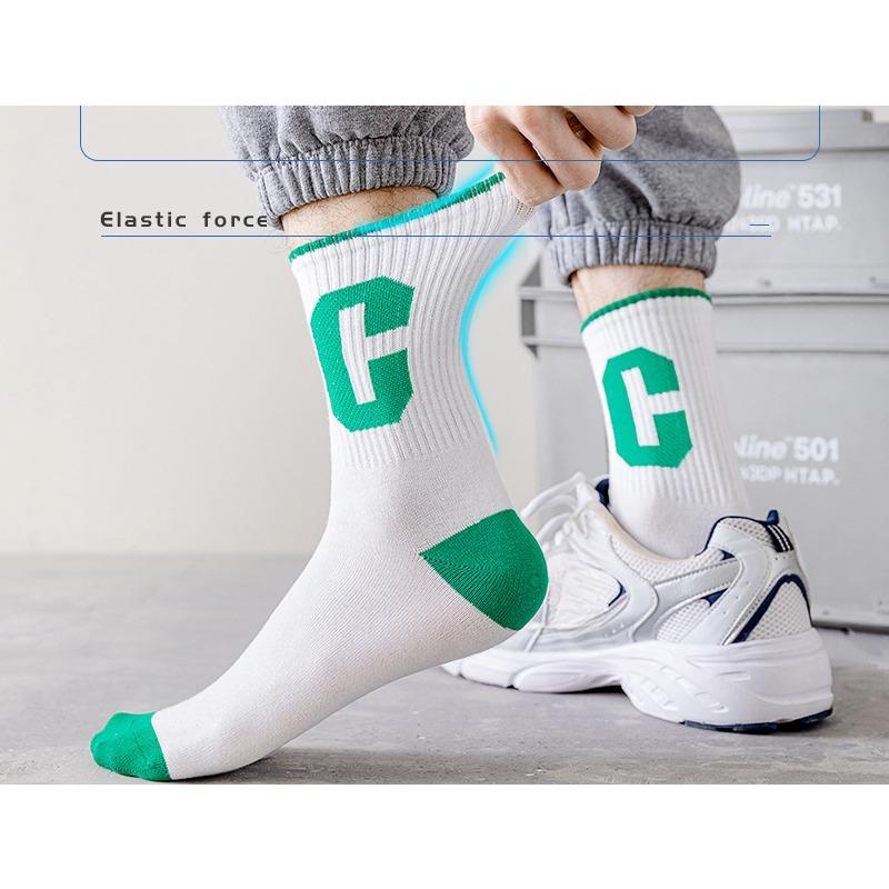 5 Pairs of Socks Cotton Spring and Summer Sports Mid-calf Checkerboard Basketball Socks Big C Green Blue Winter Tide Socks Men and Women