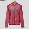 INCERUN Men Turtleneck Long Sleeve Mesh Sheer Transparent Fitted Party Clubwear T-shirts
