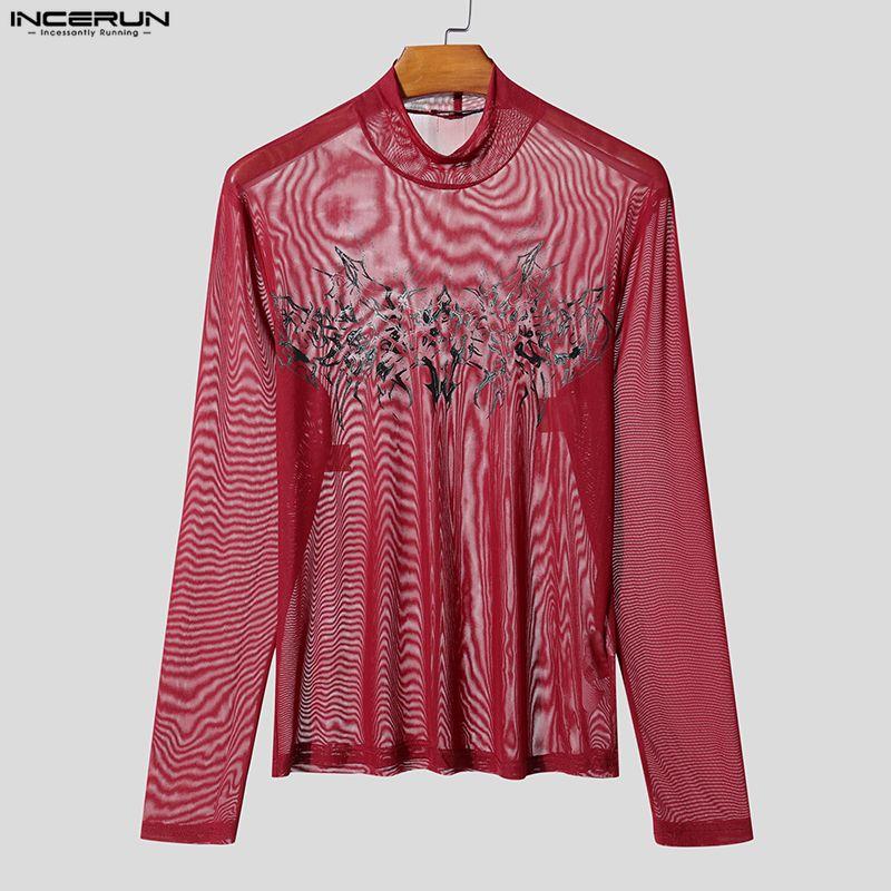INCERUN Men Turtleneck Long Sleeve Mesh Sheer Transparent Fitted Party Clubwear T-shirts