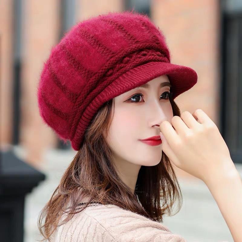 Female Autumn and Winter Casual Rabbit Fur Duck Tongue Beret Winter Cold Warm Knitted Wool Hat