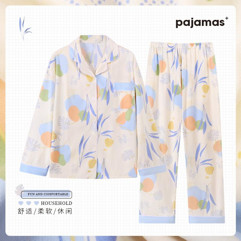 Baumwollimitat Pyjama Damen Herbst pastoral floral langärmlig lässige Mode Loungewear mittelgrüner Anzug