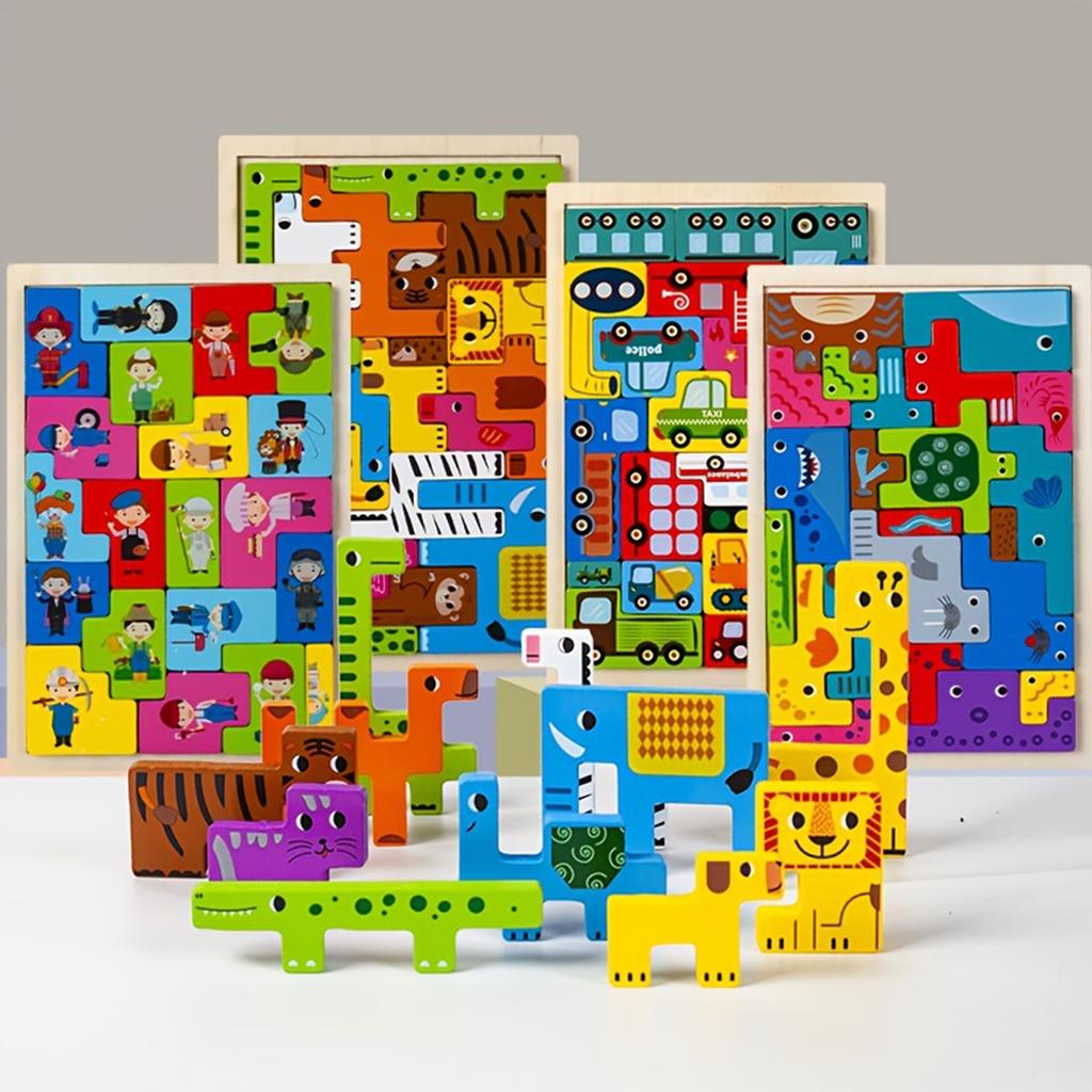 Children's Wooden 3D Puzzle Set, Educational Animal, Ocean, People And Transportation Themes, Mixed Color Wooden Toy Building Block Gift Set