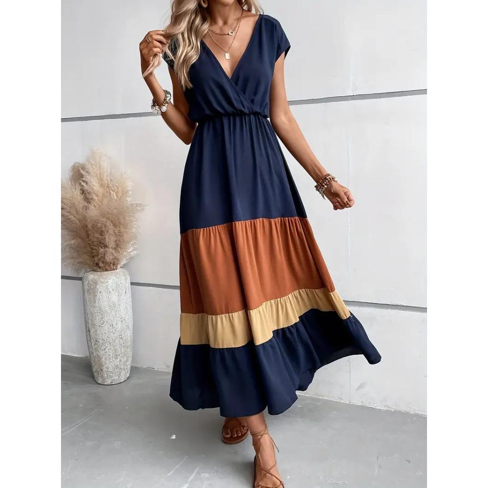 Summer Popular Women s Clothing V-neck Color Matching Short-sleeved Long Skirt Contrasting Color Vacation Dress S