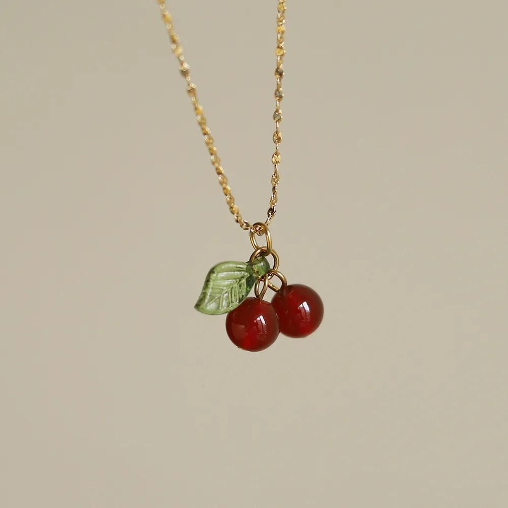 Cherry Necklace Natural Stone Beads Pendant Chain Necklaces Women's Fashion Wedding Party Jewelry Birthday Gift
