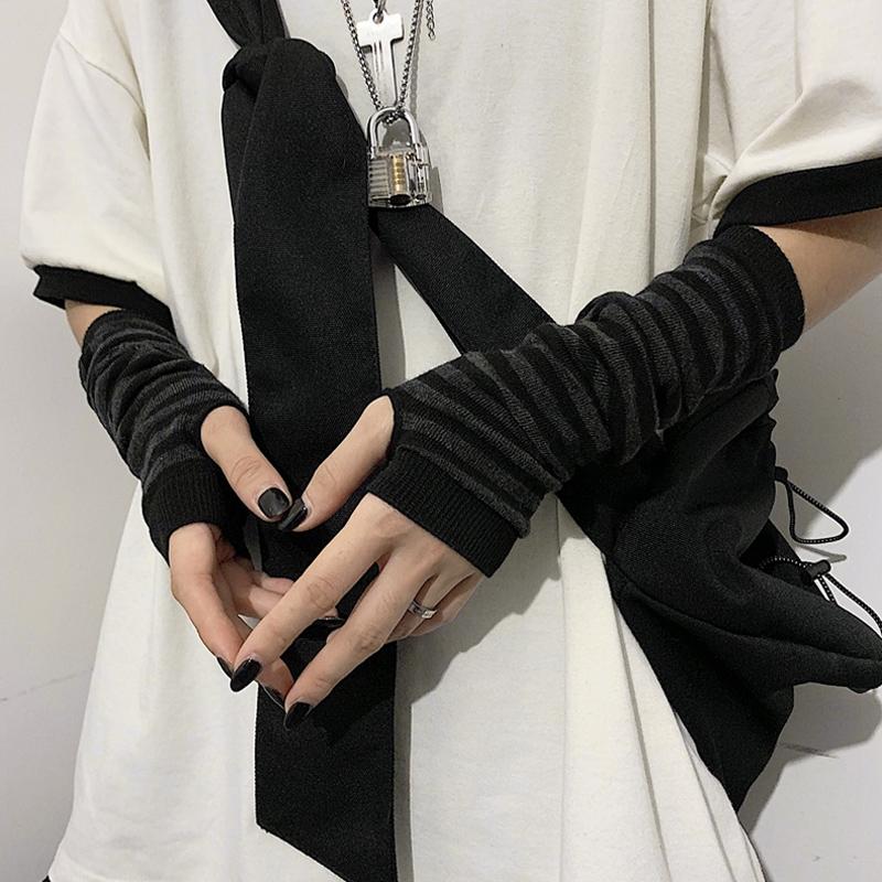 1 Double Winter Warm Long Sleeves Gloves for Men Women Fingerless Stripe Hip-Hop Knitted Elbow Mittens Elastic Outdoor Warmer Arm