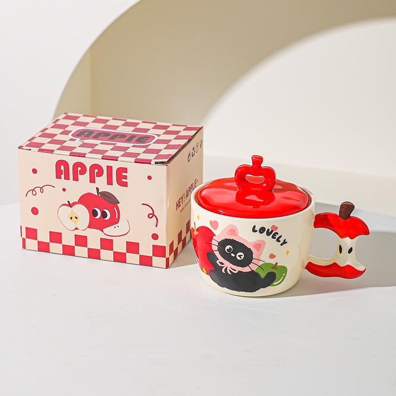 Creative Apple Cat Mug with Lid High Pretty Couple Ceramic Cup Souvenir Gift Cup for Best Friends Breakfast Cup