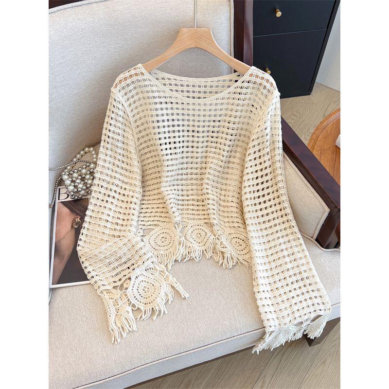 Women Clothing Chubby Girl Spring and Summer New Round Neck Hollow Out Crochet Cover Up Meat Covering Airable Shirt Knitted Sun Protection Clothing
