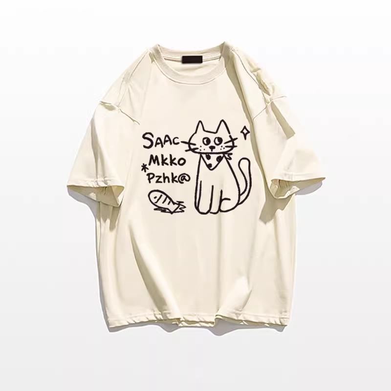 Summer Women Funny Cartoon Print T-Shirt Harajuku Round Neck Loose Casual Y2K Tops Pure Cotton Graphic T Shirts Gray Streetwear