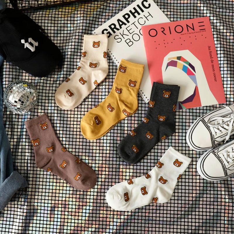 New Harajuku Cartoon Women's Breathable Cotton Socks Cute Bear Animal Pattern Girl Socks Combed Cotton Women's Socks