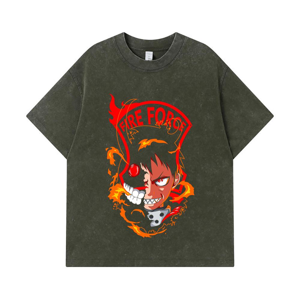 

275 GSM Washed T-shirts 100% Cotton Fire Force V1 Shinra Print Unisex Heavy Cotton T Shirt S армия зеленый