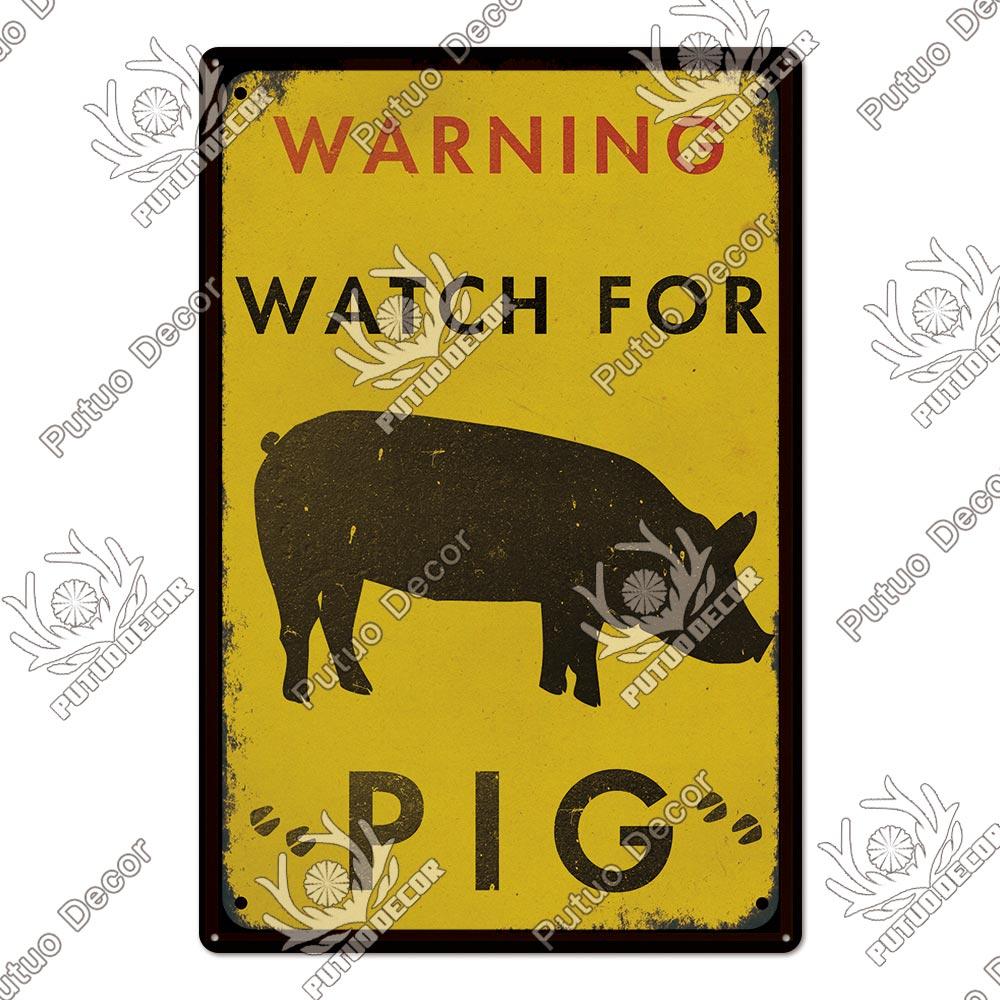 Putuo Decor Warning Tin Sign Vintage Metal Sign Pig Caution Plate Warning Decorative for Zoo Piggy Farm House Wall Decor